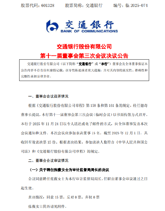 交通银行:同意聘任张薇为审计监督局局长
