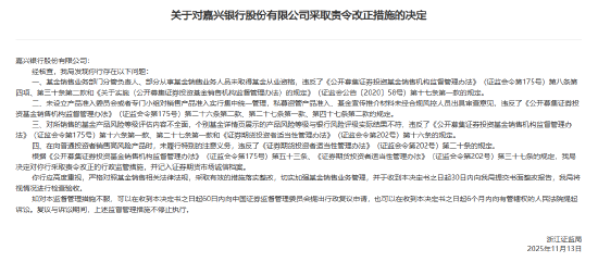 嘉兴银行被责令改正:对所销售的基金产品风险等级评估内容不全面等