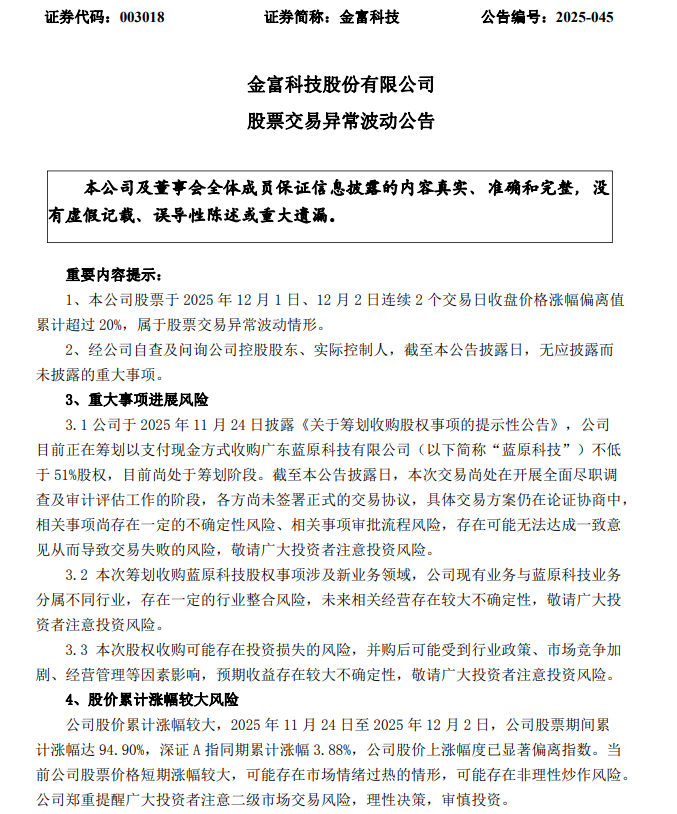 金富科技：收购广东蓝原科技不低于51%股权存在收购不确定性风险