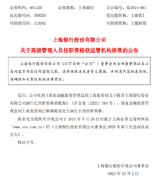 上海银行：陈雷副行长任职资格获核准