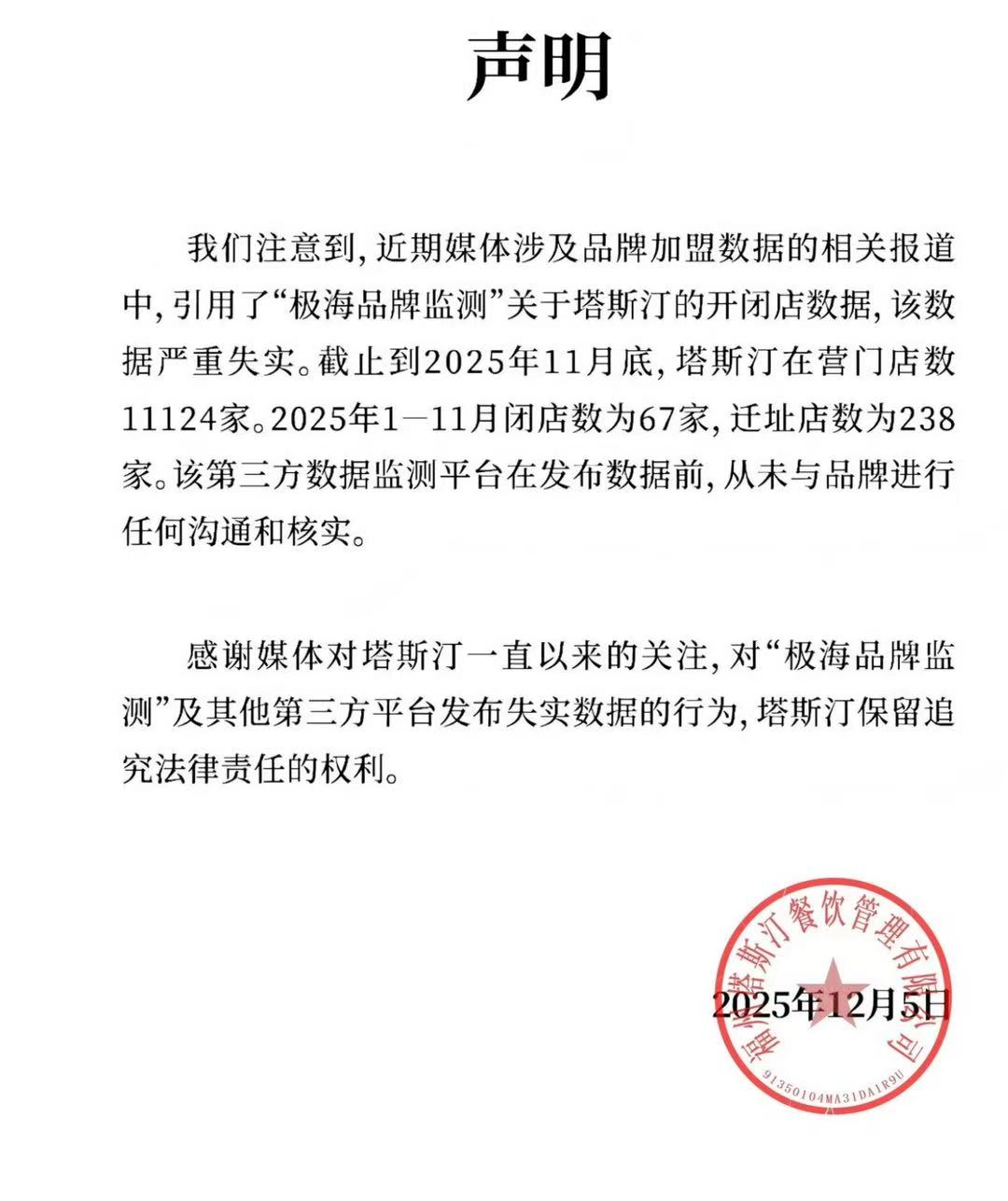 90天关了907家店？塔斯汀发声明否认